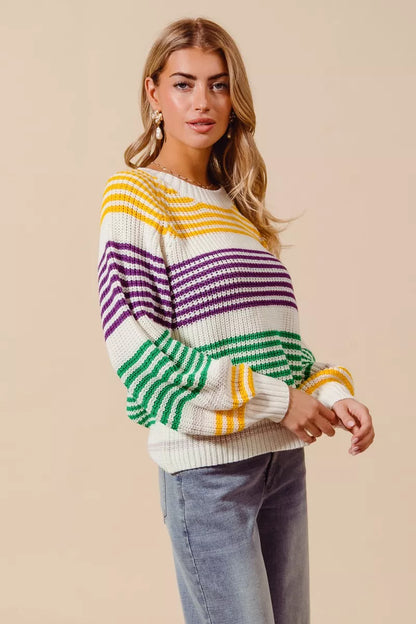 SO ME Mardi Gras Color Striped Raglan Sweater Top
