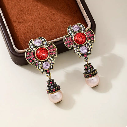 Zinc Alloy Flower Pearl Drop Earrings