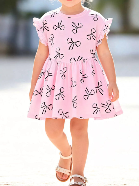 Children's Bow-Print Ruffle Sleeve Casual Dress