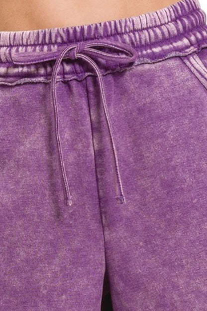 Zenana Acid Wash Fleece Drawstring Shorts With Pockets
