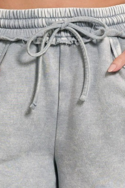 Zenana Acid Wash Fleece Drawstring Shorts With Pockets