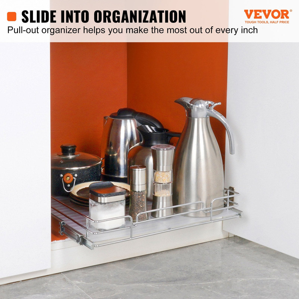 VEVOR Pull Out Cabinet Organizer, Heavy Duty Slide Out Pantry Shelves, Chrome-Plated Steel Roll Out Drawers, Sliding Drawer Storage For Home, Inside Kitchen Cabinet, Bathroom, Under Sink