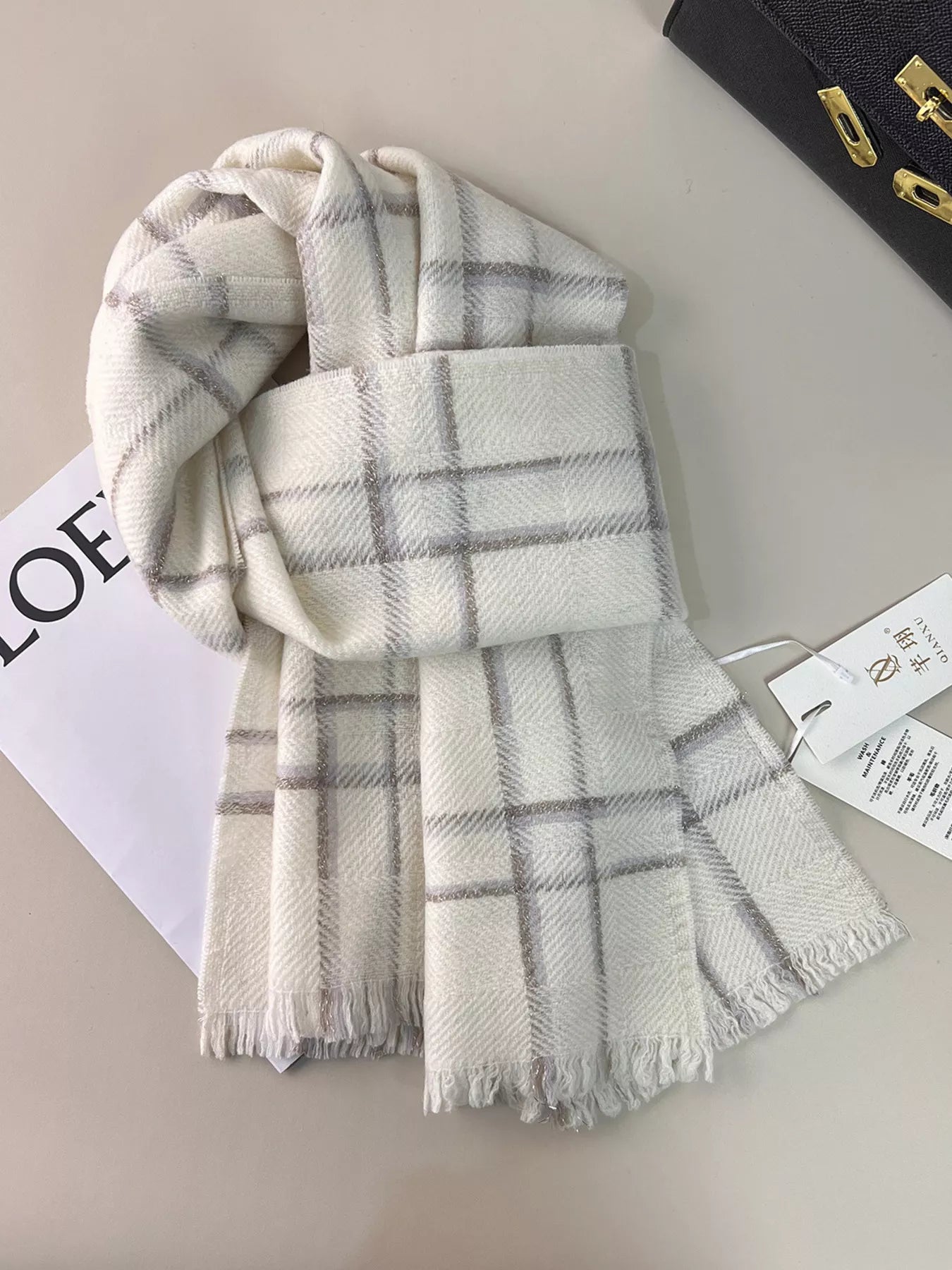 100% Wool Raw Hem Plaid Scarf