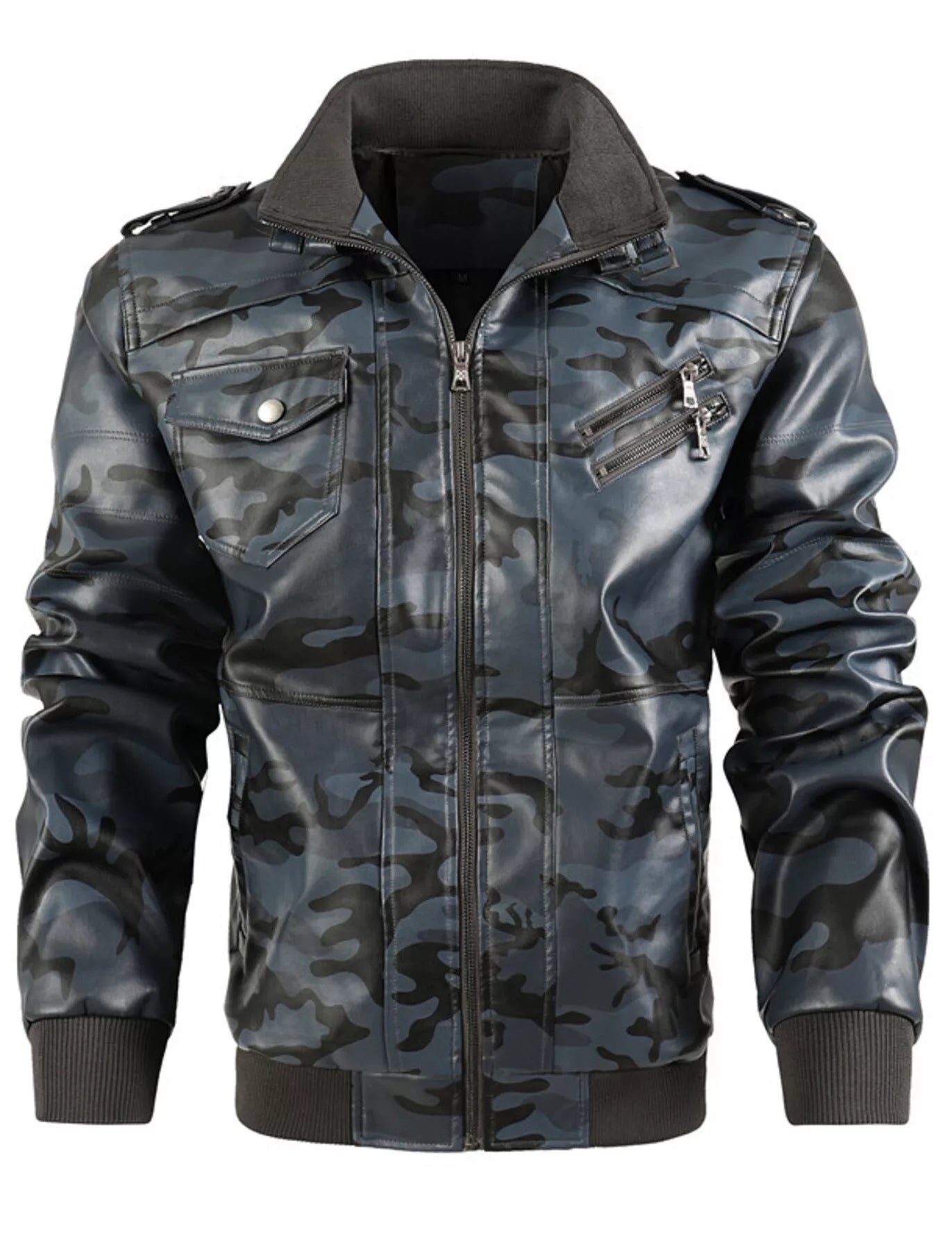 Men's Full Size Zip Up Camouflage Faux Leather Jacket Plus Size