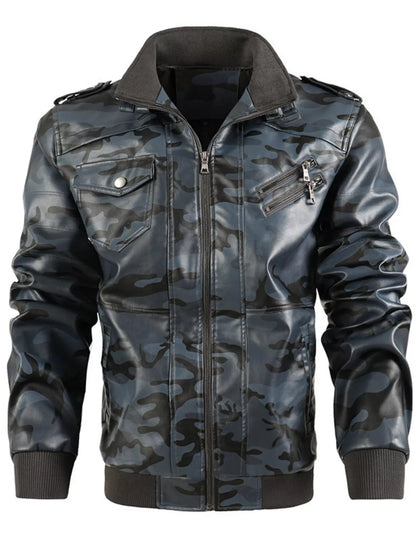 Men's Full Size Zip Up Camouflage Faux Leather Jacket Plus Size