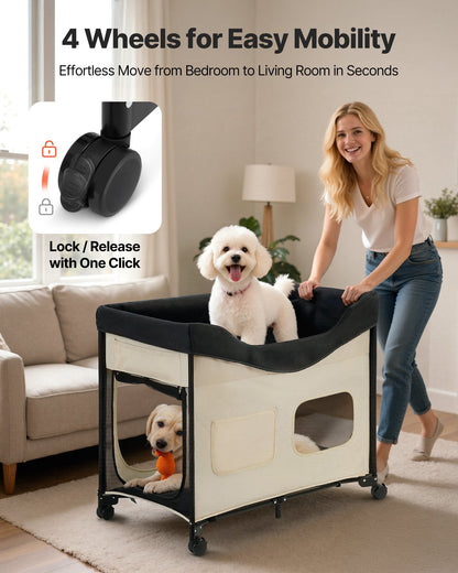 Elevated Lounge Pet Bed, Foldable Bunk Dog Bed With 600D Oxford Cloth And Dutch Velvet, Portable Raised Cot With Wheels, Side Storage Bags, And Carry Bag For Cats & Dogs, XL, Beige