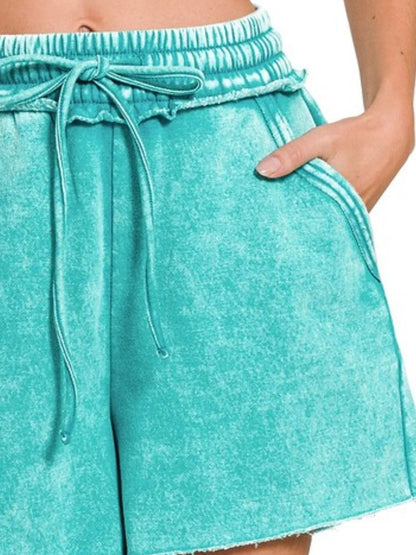 Zenana Acid Wash Fleece Drawstring Shorts With Pockets