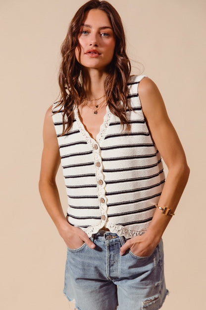 SO ME Buttoned Front Stripe Texture Knitted Sweater Vest