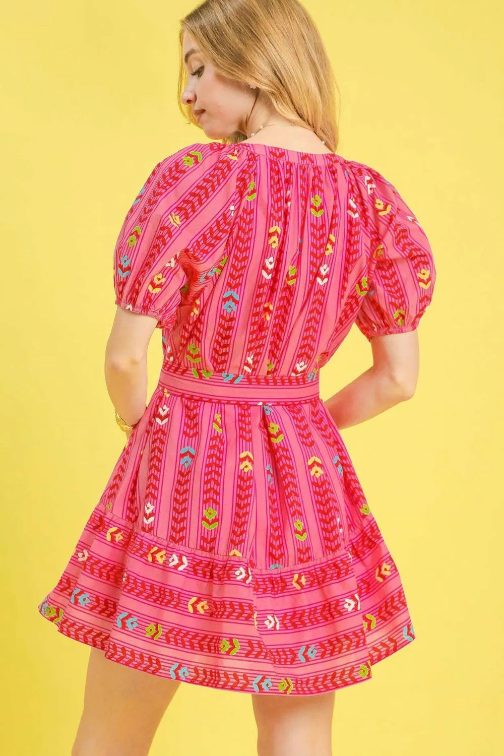 Umgee Printed Tie Waist Puff Short Sleeve Mini Dress