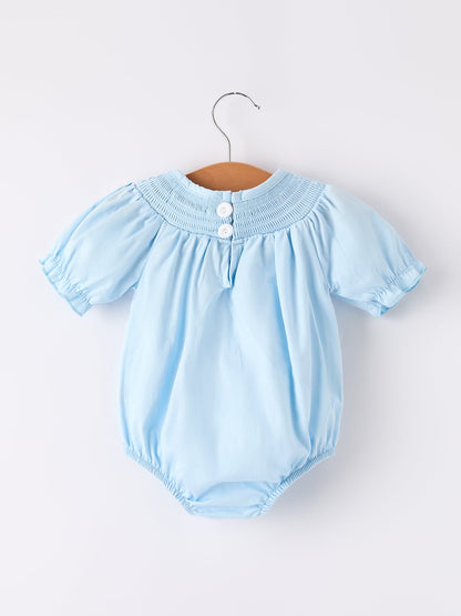 Girls Cross Smocking Embroidered Blue Romper