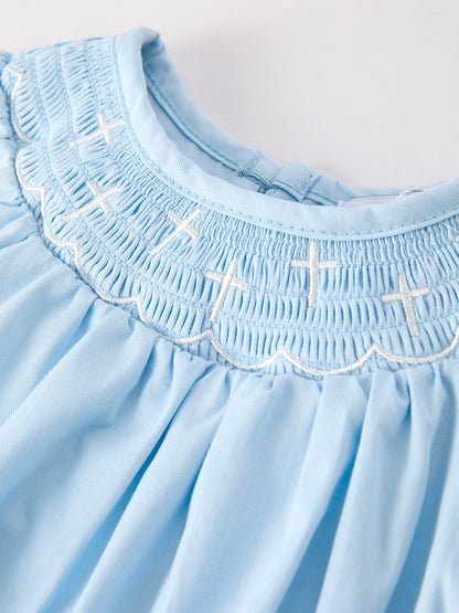 Girls Cross Smocking Embroidered Blue Romper