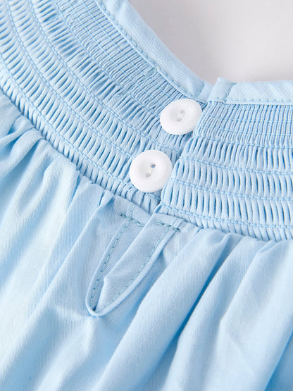 Girls Cross Smocking Embroidered Blue Dress