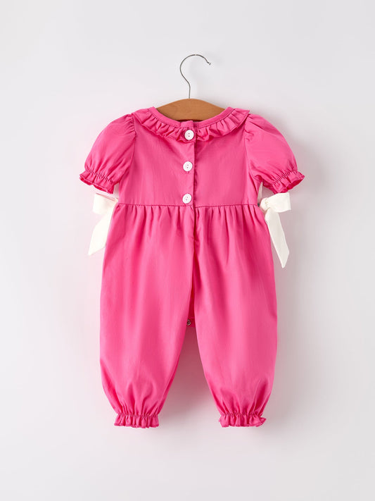 Pink Smocked Church Christ Bishop Christening Bow Baby Girl Romper