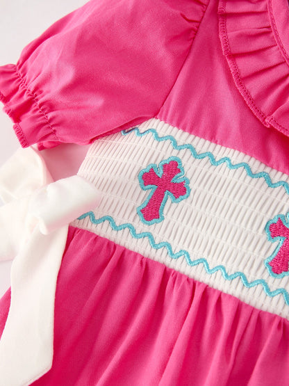 Pink Smocked Church Christ Bishop Christening Bow Baby Girl Romper