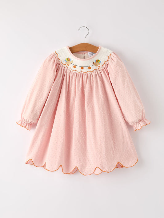 Fall Thanksgiving& Halloween Chicken Pumpkin Smock Embroidery Baby Girl Dress