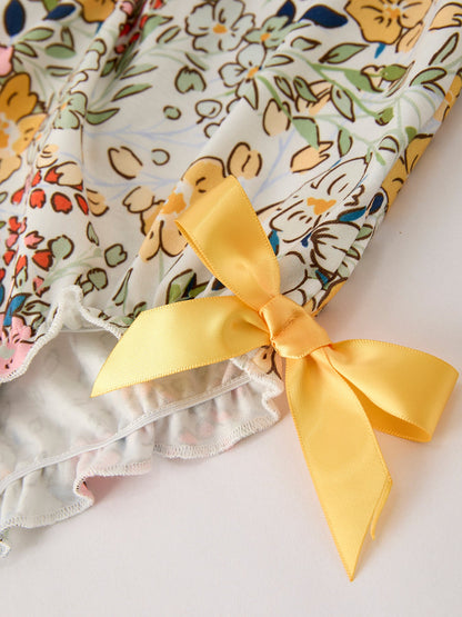Fall  Embroidery Smocking Bow Floral Leaf Baby Girls Romper