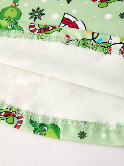 Winter Christmas Character Print  Green Girls Dress