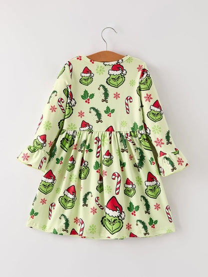 Winter Christmas Candy Cane Character Print  Green Girls Dress