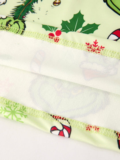 Winter Christmas Candy Cane Character Print  Green Girls Dress