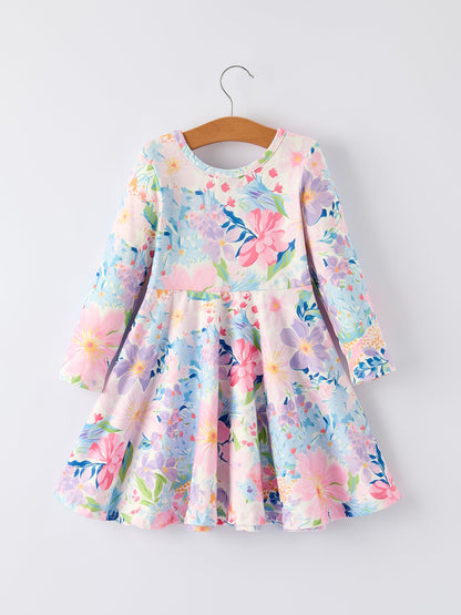 Christmas Floral Print Girl Dress with Long Sleeves