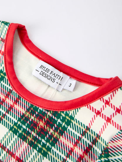 Mommy & Me Christmas Plaid Girls Pajamas Set with Long Sleeves and Red Cuffs