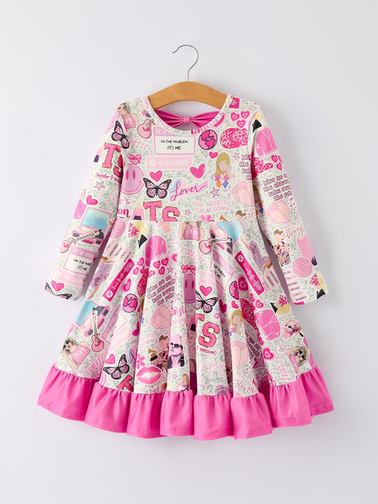 Pink TS Print Ruffle Girls' Long Sleeve Christmas Dress