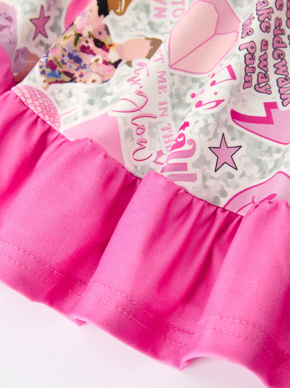 Pink TS Print Ruffle Girls' Long Sleeve Christmas Dress