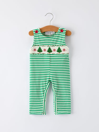 Christmas Tree Smocked Green Stripe Baby Boy Romper
