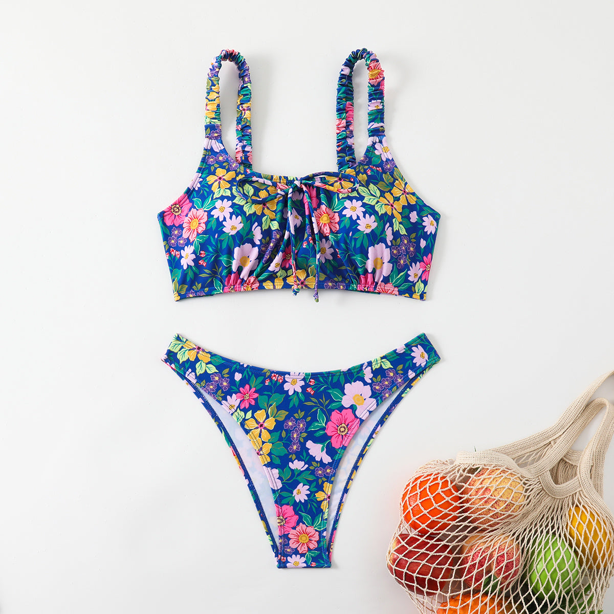 Women's Floral Print Bralette Bikini Set, Ruched Shoulder Straps & Front Tie Top, High Cut Cheeky Bottom 2 Piece Swimsuit
