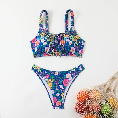 Women's Floral Print Bralette Bikini Set, Ruched Shoulder Straps & Front Tie Top, High Cut Cheeky Bottom 2 Piece Swimsuit