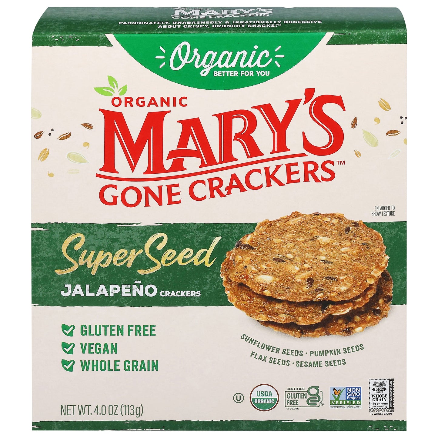 Mary's Gone Crackers Jalapeno Seed Crackers - Case of 6 Boxes (4 oz Each) Organic Gluten-Free