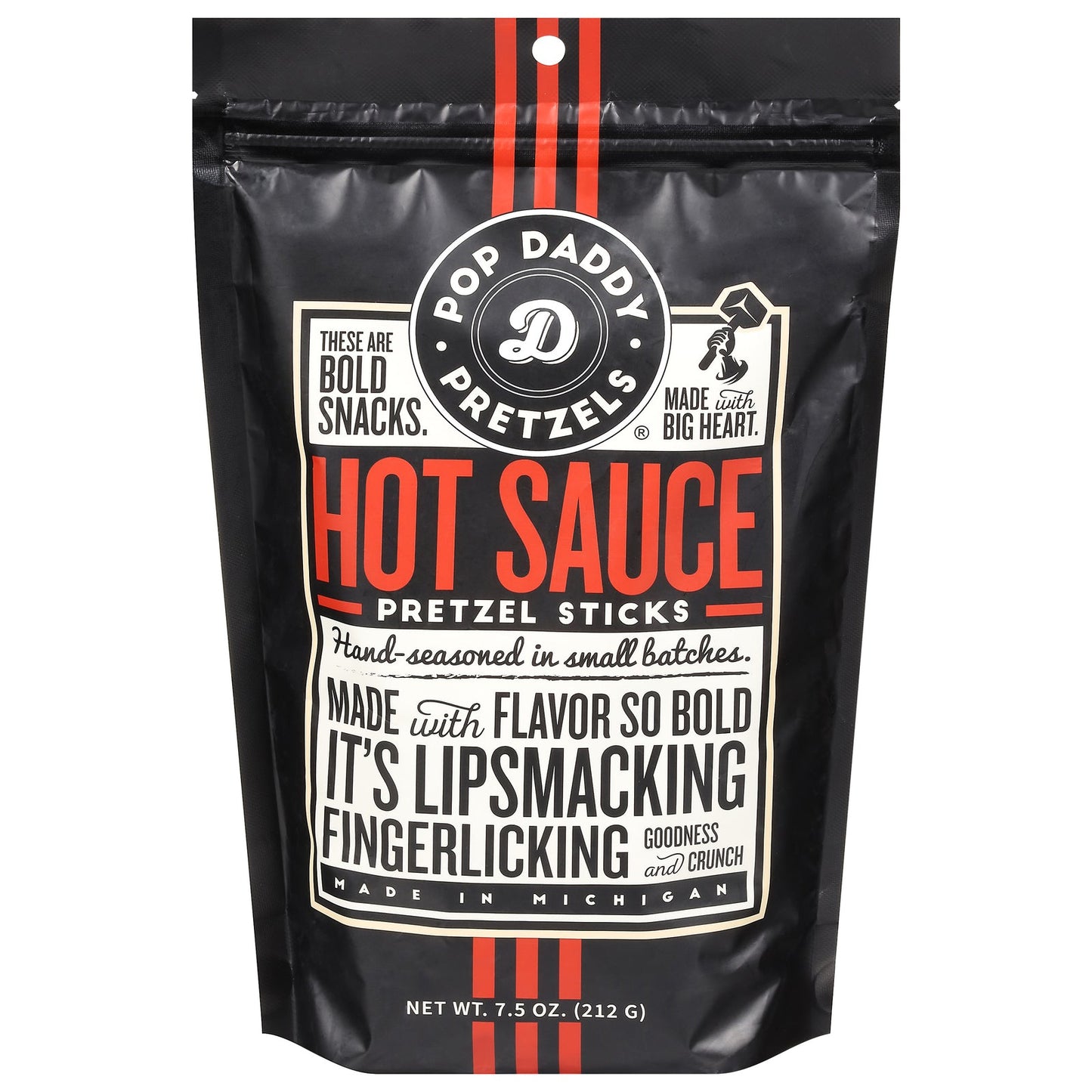 Pop Daddy Pretzel Sticks, Hot Sauce Flavor, Crispy Spicy Snack, Case of 12, 7.5 oz
