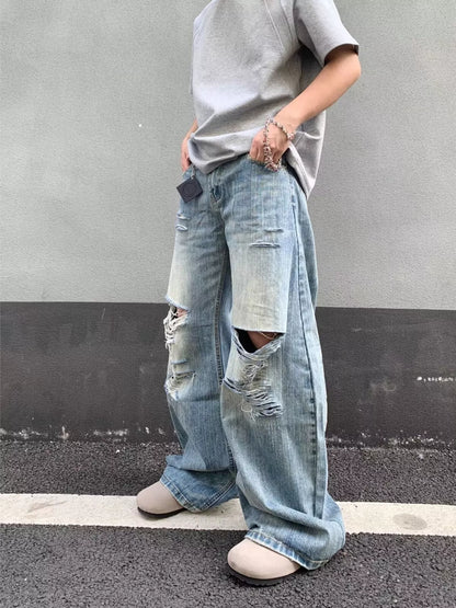 Men's Full Size Distressed Wide Leg Jeans Plus Size