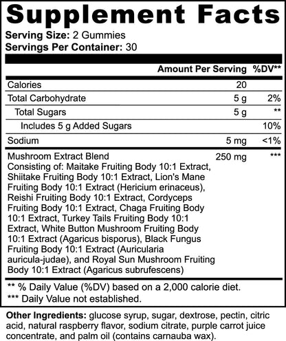 Mushroom Extract Complex Gummies Lion’s Mane Reishi Cordyceps Chaga Immune Brain Energy Support Vegan 60 Gummies USA