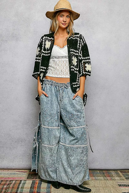 POL Button Down Openwork Floral Crochet Shirt with Granny Square Pattern
