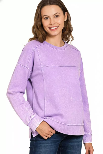 Zenana Acid Wash French Terry Exposed-Seam Pullover
