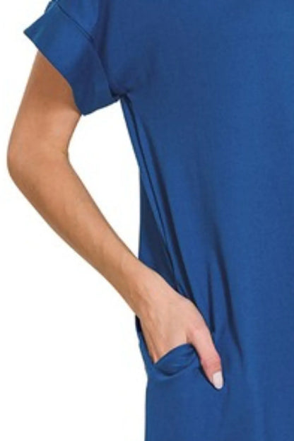 Zenana Rolled Short Sleeve Round Neck Dress