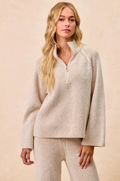 BiBi Two Tone Rib Texured Knit Collared Top with Zip Up
