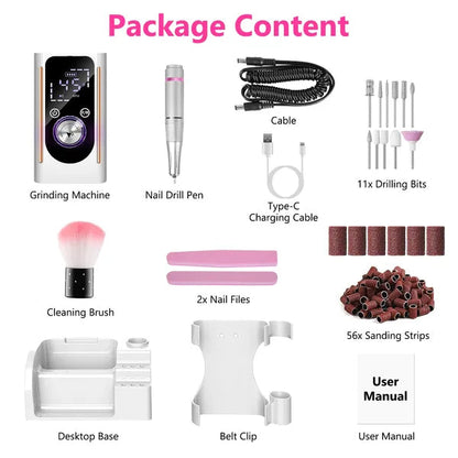 Portable Electric Nail Drill Bit 45000 RPM With 11 Bits Base Waist Clip Cordless Rechargeable Nail File Machine For Professional Salon Home Acrylic Nails Remove Nail Gel Polish Manicure