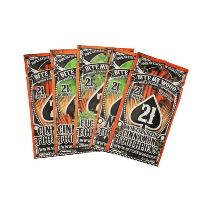 BiteMyWood Flavored Birchwood Toothpicks in Plastic Reusable Bag 21 qty 5 Flavors To Choose From