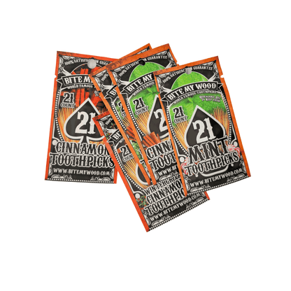 BiteMyWood Flavored Birchwood Toothpicks in Plastic Reusable Bag 21 qty 5 Flavors To Choose From