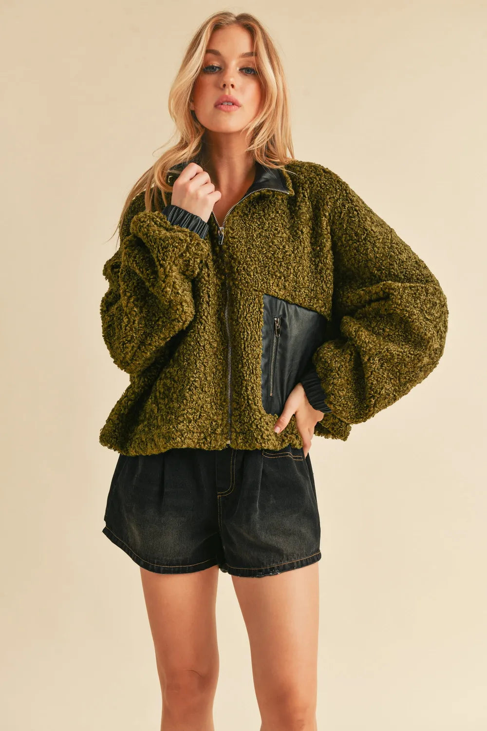 Aemi + Co Collared Neck Zip Up Sherpa Jacket