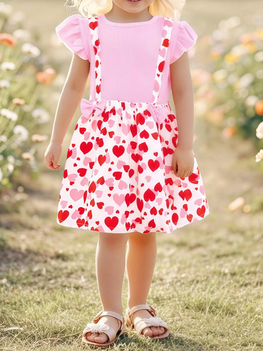 Children's Heart Print Ruffle Sleeve Dress