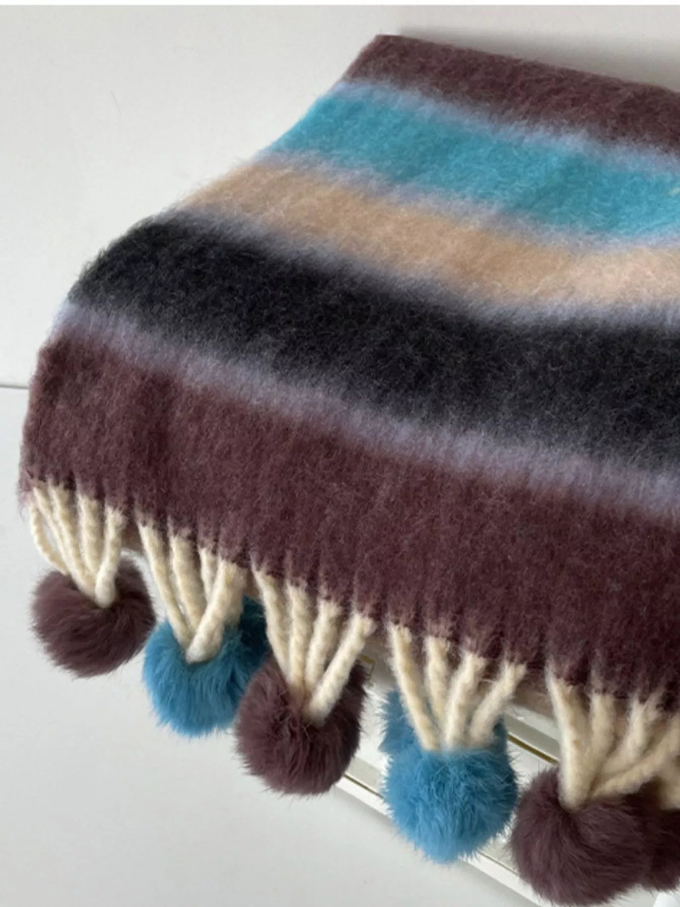 Rainbow Striped Fuzzy Scarf with Pom-Poms