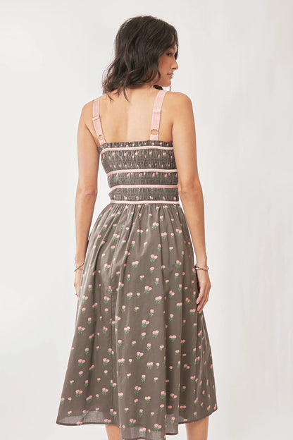 Davi & Dani Contrast Velvet Tape Smocking Bodice Midi Dress