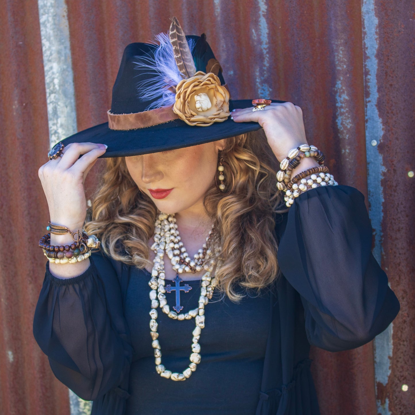 White Turquoise Beaded Collar Necklace w/ Cross Pendant 260z