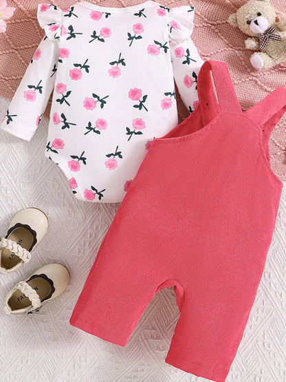 Children's Floral Bodysuit and Bear Overalls Set with Headband