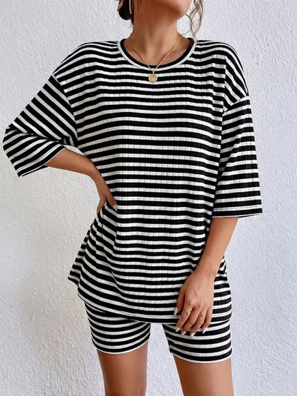 Striped Round Neck Top and Shorts Set