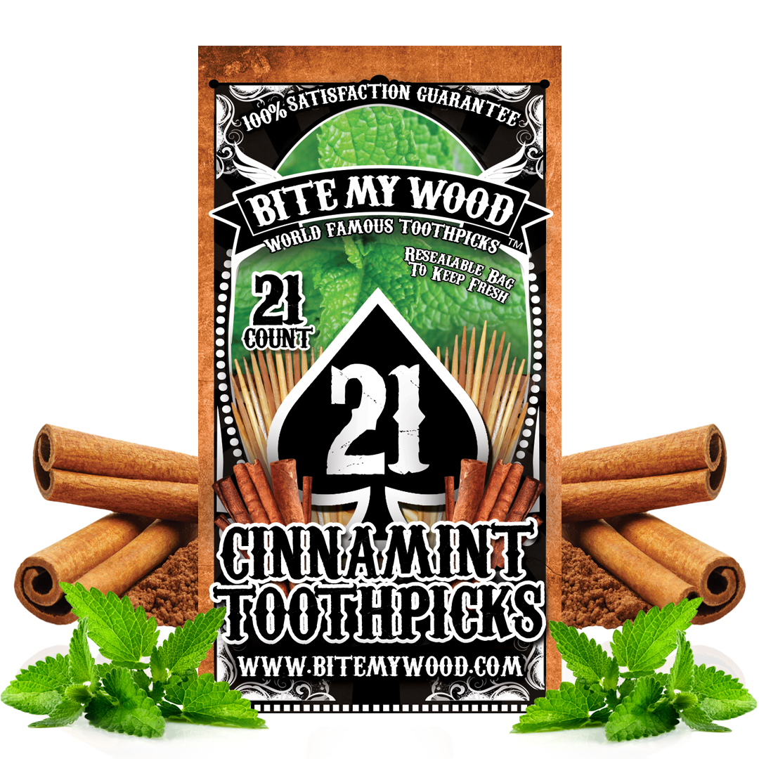 BiteMyWood Flavored Birchwood Toothpicks in Plastic Reusable Bag 21 qty 5 Flavors To Choose From