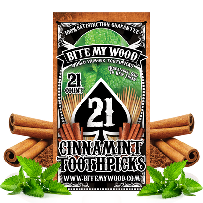 BiteMyWood Flavored Birchwood Toothpicks in Plastic Reusable Bag 21 qty 5 Flavors To Choose From